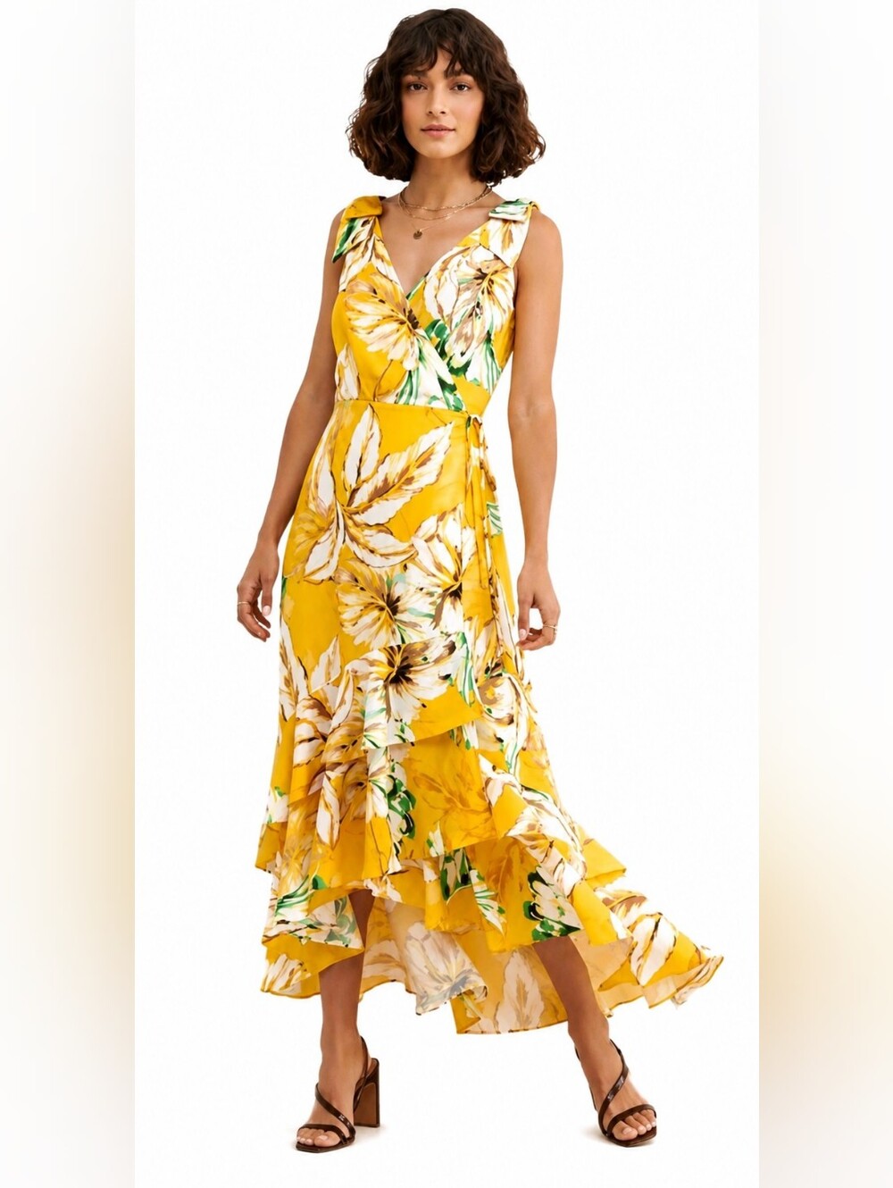 Adelyn Rae Yellow Floral High-Low Wrap Dress Size Small